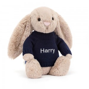 Jerséis Jellycat Bashful Bunny with Personalised Navy Jumper 31cm x 12cm x 9cm Beige Costa Rica | 95317-ILAD