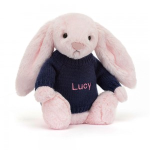 Jerséis Jellycat Bashful Bunny with Personalised Navy Jumper 31cm x 12cm x 9cm Rosas Costa Rica | 02387-NWYB