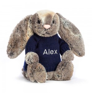 Jerséis Jellycat Bashful Cottontail Bunny with Personalised Navy Jumper 31cm x 12cm x 9cm Marrones Costa Rica | 26870-JDTK