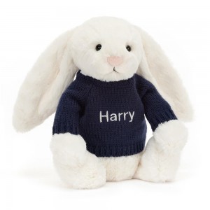 Jerséis Jellycat Bashful Cream Bunny with Personalised Navy Jumper 31cm x 12cm x 9cm Blancas Costa Rica | 01825-ZVSH
