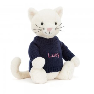 Jerséis Jellycat Bashful Cream Kitten with Personalised Navy Jumper 31cm x 12cm x 9cm Blancas Costa Rica | 60187-JQOP