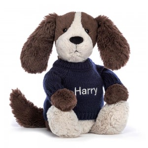 Jerséis Jellycat Bashful Fudge Puppy with Personalised Navy Jumper 31cm x 12cm x 9cm Marrones Costa Rica | 65021-UPSX
