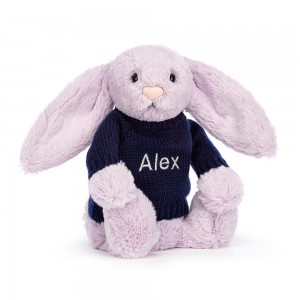 Jerséis Jellycat Bashful Lilac Bunny with Personalised Navy Jumper 31cm x 12cm x 9cm Moradas Costa Rica | 28496-FBWZ
