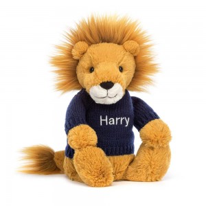 Jerséis Jellycat Bashful Lion with Personalised Navy Jumper 31cm x 12cm x 9cm Amarillo Costa Rica | 96257-PSHC