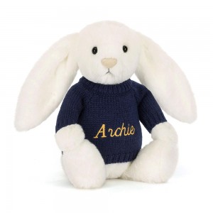 Jerséis Jellycat Bashful Luxe Bunny Luna with Personalised Navy Jumper 31cm x 12cm x 9cm Blancas Costa Rica | 68750-LJAY