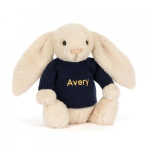 Jerséis Jellycat Bashful Luxe Bunny Willow with Personalised Navy Jumper 31cm x 12cm x 9cm Beige Costa Rica | 52960-UEBR
