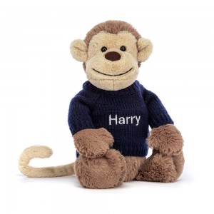 Jerséis Jellycat Bashful Monkey with Personalised Navy Jumper 31cm x 12cm x 9cm Marrones Costa Rica | 37642-AUSQ