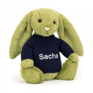Jerséis Jellycat Bashful Moss Bunny with Personalised Navy Jumper 31cm x 12cm x 9cm Verde Costa Rica | 87153-CFGO