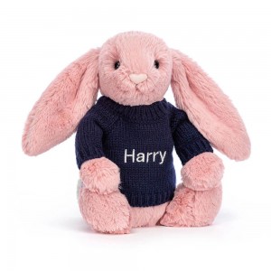 Jerséis Jellycat Bashful Petal Bunny with Personalised Navy Jumper 31cm x 12cm x 9cm Rosas Costa Rica | 82731-UZMS