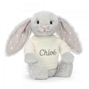 Jerséis Jellycat Bashful Shimmer Bunny with Personalised Cream Jumper 31cm x 12cm x 9cm Gris Costa Rica | 39054-ZOWA