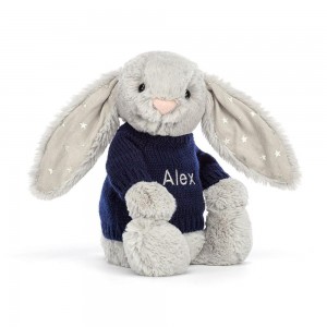 Jerséis Jellycat Bashful Shimmer Bunny with Personalised Navy Jumper 31cm x 12cm x 9cm Gris Costa Rica | 06847-UGXL