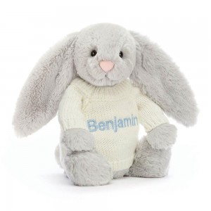 Jerséis Jellycat Bashful Silver Bunny with Personalised Cream Jumper 31cm x 12cm x 9cm Gris Costa Rica | 35782-XEGO