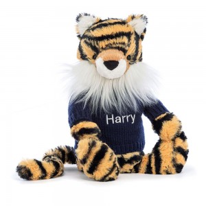 Jerséis Jellycat Bashful Tiger with Personalised Navy Jumper 31cm x 12cm x 9cm Amarillo Costa Rica | 91843-LODE