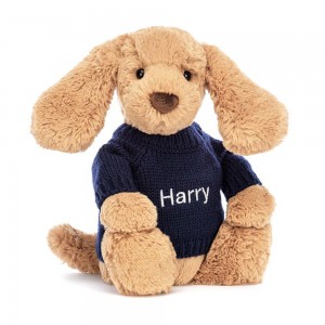 Jerséis Jellycat Bashful Toffee Puppy with Personalised Navy Jumper 31cm x 12cm x 9cm Marrones Costa Rica | 57894-RBAJ