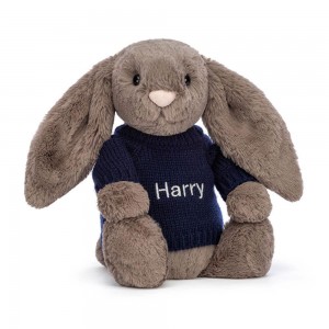 Jerséis Jellycat Bashful Truffle Bunny with Personalised Navy Jumper 31cm x 12cm x 9cm Marrones Costa Rica | 97128-ZFHN