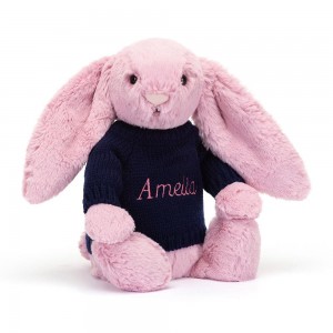 Jerséis Jellycat Bashful Tulip Bunny with Personalised Navy Jumper 31cm x 12cm x 9cm Rosas Costa Rica | 42961-WJXZ