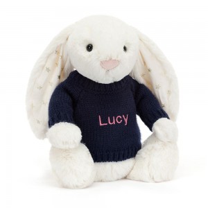 Jerséis Jellycat Bashful Twinkle Bunny with Personalised Navy Jumper 31cm x 12cm x 9cm Blancas Costa Rica | 70234-EOFI