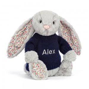 Jerséis Jellycat Blossom Silver Bunny with Personalised Navy Jumper 31cm x 12cm x 9cm Gris Costa Rica | 18647-SAOP