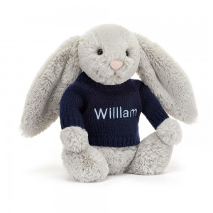 Juguetes Del Bebé Jellycat Bashful Silver Bunny with Personalised Navy Jumper 31cm x 12cm x 9cm Gris Costa Rica | 65038-XKQS
