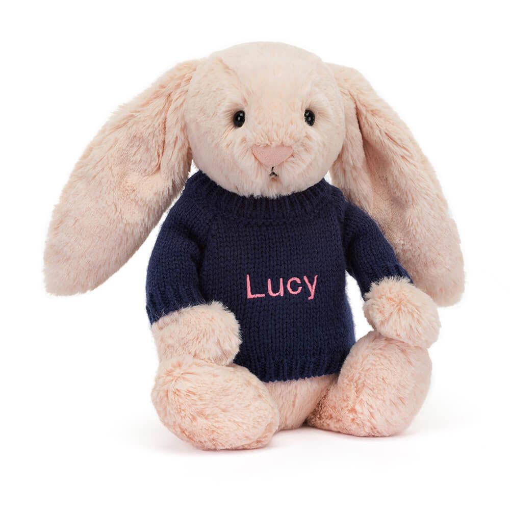 Jerséis Jellycat Bashful Blush Bunny with Personalised Navy Jumper 31cm x 12cm x 9cm Rosas  Costa Rica |  53807-JEYK