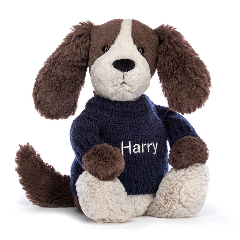 Jerséis Jellycat Bashful Fudge Puppy with Personalised Navy Jumper 31cm x 12cm x 9cm Marrones  Costa Rica |  65021-UPSX
