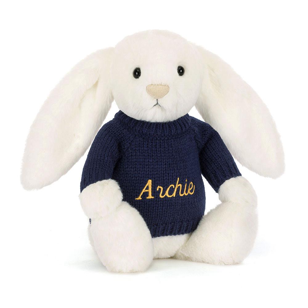 Jerséis Jellycat Bashful Luxe Bunny Luna with Personalised Navy Jumper 31cm x 12cm x 9cm Blancas  Costa Rica |  68750-LJAY