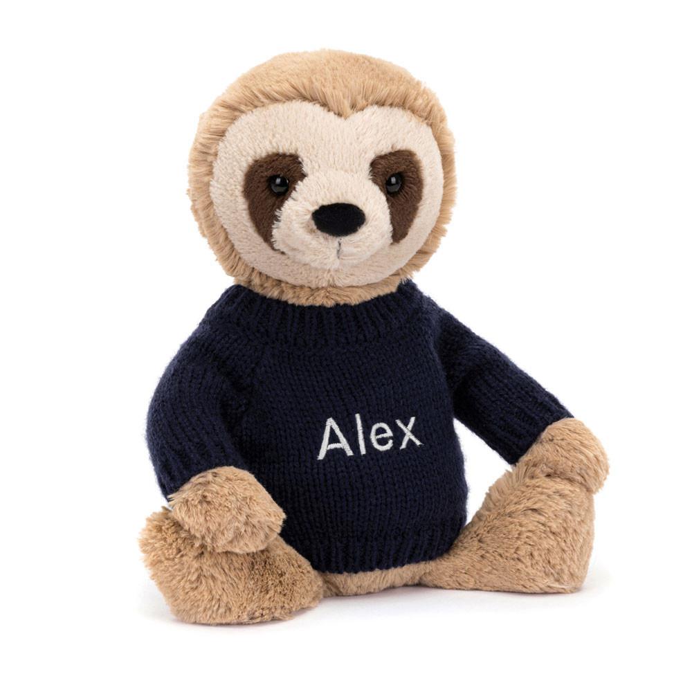 Jerséis Jellycat Bashful Sloth with Personalised Navy Jumper 28cm x 10cm x 7cm Beige  Costa Rica |  61429-SQBX