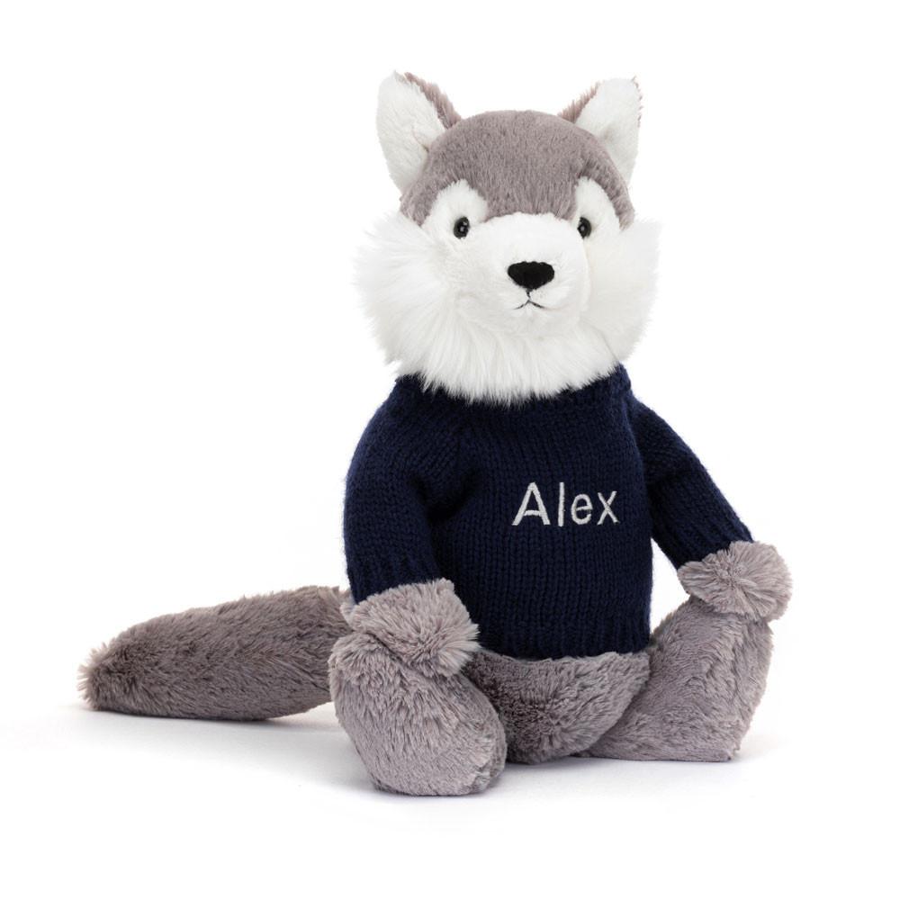 Jerséis Jellycat Bashful Wolf with Personalised Navy Jumper 31cm x 12cm x 9cm Gris  Costa Rica |  57294-ZPDO